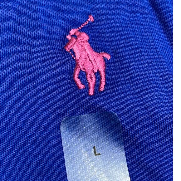 Polo Ralph Lauren Blue T-Shirt Large 22x28 Pink Embroidered Logo Chest Tag - Picture 6 of 7